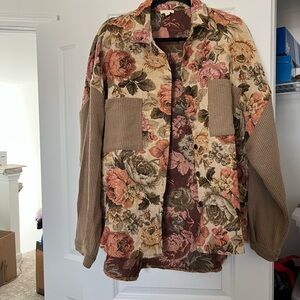POL Floral Patchwork Utility Jacket in Beige, Rose & Olive